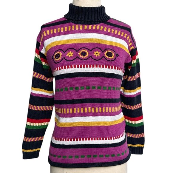 90s vintage striped turtleneck sweater sunflower embroidery quirky  retro Mexx. - Picture 4 of 8